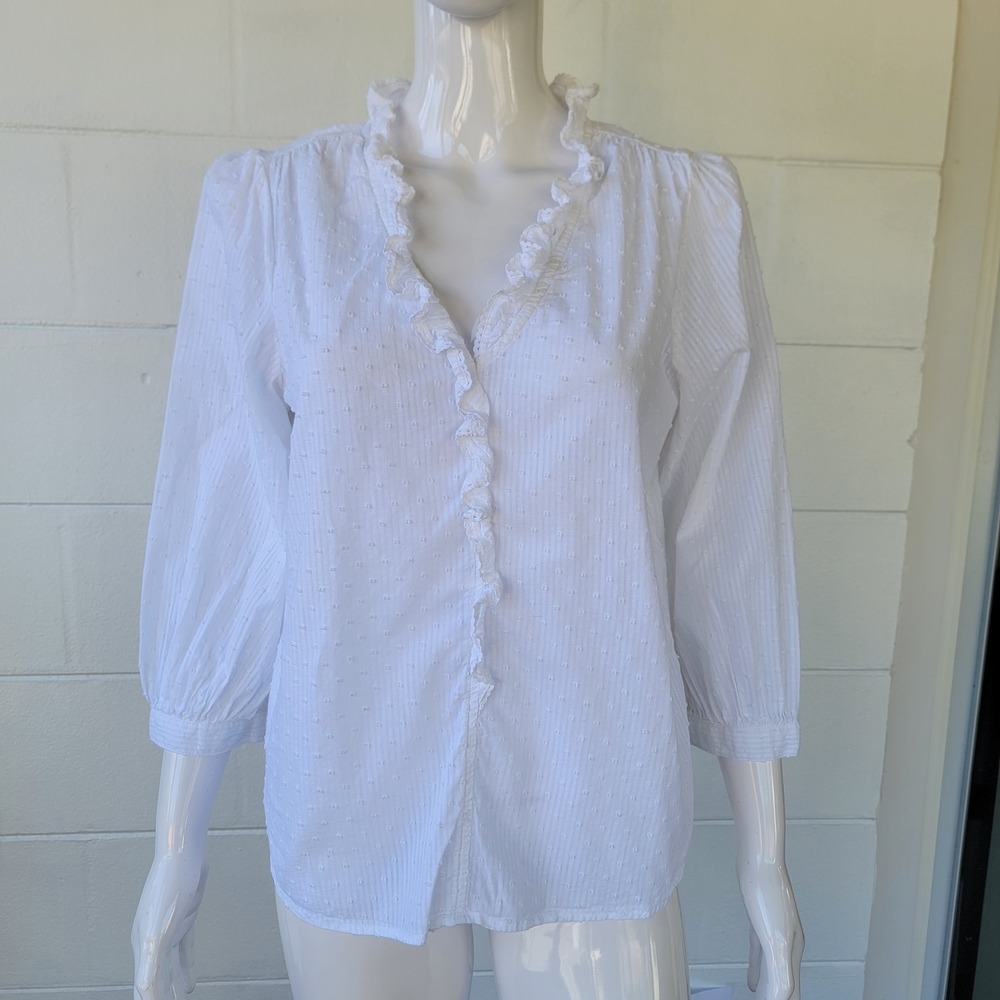 Lauren Conrad Ruffle Blouse White Women S Cottagecore Romantic Ruffle Swiss-Dot